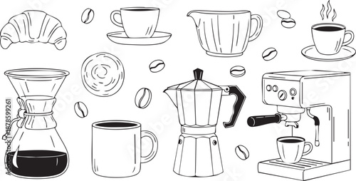 Coffee and pastry collection with various brewing methods