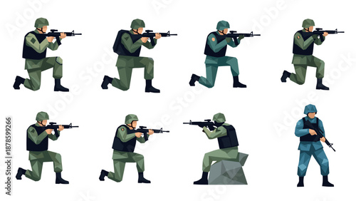 Modern geometric military figures in various poses with weapons