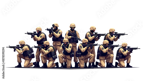 Dynamic military team in tactical gear posing with precision