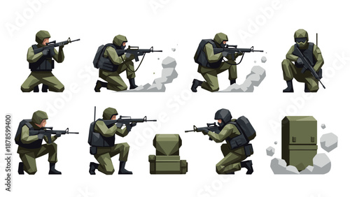 Tactical military soldiers in combat poses with equipment