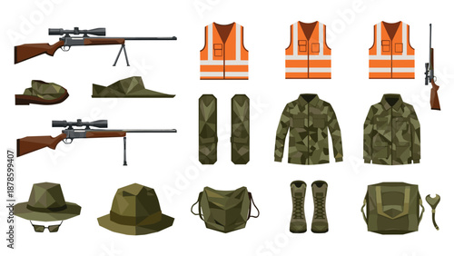 Hunting gear collection with camouflage and safety vest elements