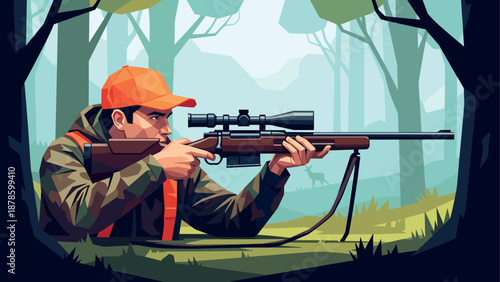 Hunter aiming in forest with rifle and orange cap in stylized art