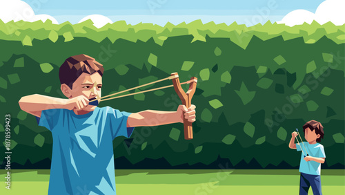 Children playing with slingshots in a summer garden