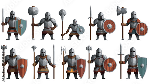 Low poly medieval warriors with swords, spears, and shields in armor