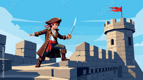 Adventurous pirate with sword on castle rampart in cartoon style