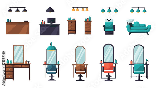 Modern hair salon furniture and equipment set for stylish interiors