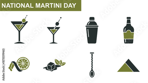An array of olive green and dark green graphic icons related to martinis and bartending
