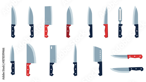Collection of various kitchen knives and cutlery in flat design style