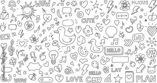 Cute doodle illustrations of hearts, flowers, and symbols