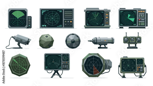 Modern radar screen and equipment set in flat style for military and navigation
