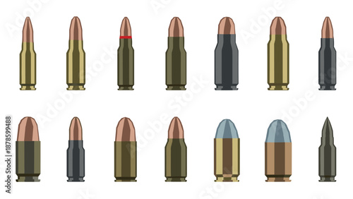 Various bullet designs set in flat style featuring ammunition diversity across calibers