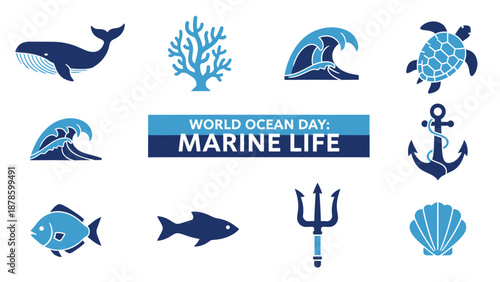 Blue and dark blue icons related to the ocean and marine life surround a central text block
