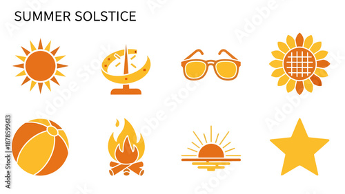 Eight orange and yellow icons related to the summer solstice displayed on a white background