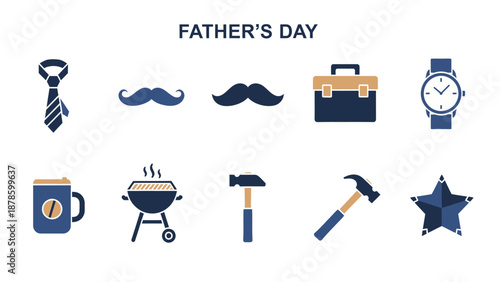 Fathers Day icons featuring a tie mustaches briefcase watch mug grill hammers and star