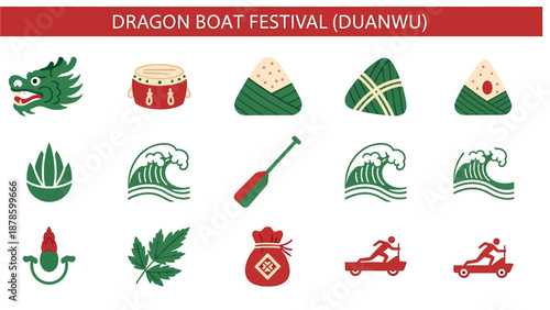 Fifteen icons related to the Dragon Boat Festival arranged in three rows of five