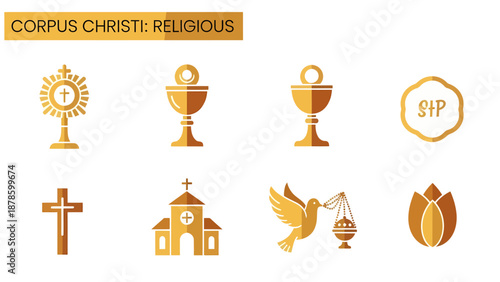 Gold religious icons related to Corpus Christi displayed on a white background