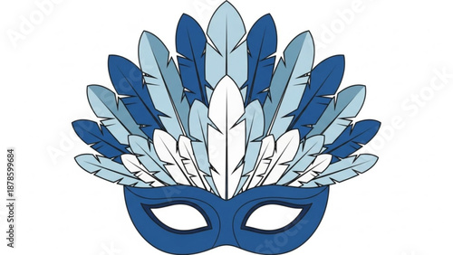 Blue Masquerade Mask with Feathers Isolated on White