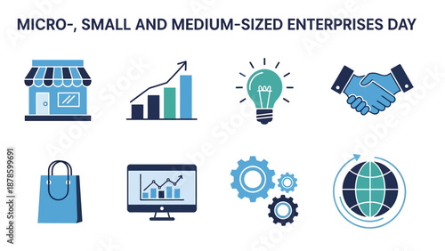 Graphic displaying eight blue and teal icons related to Micro Small and MediumSized Enterprises Day