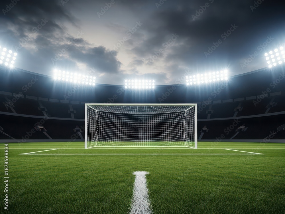 Fototapeta premium Football goal on a green soccer field in a stadium under dramatic lights isolated on white background