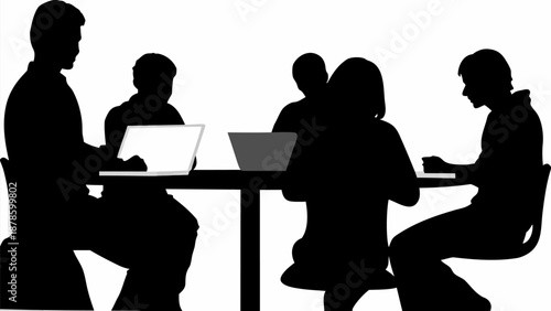 A group of people sitting at a table with laptops in silhouette mode