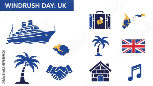 Graphic icons representing Windrush Day UK including a ship suitcase maps palms flag handshake house and music note