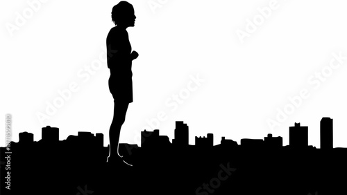 A silhouette of a woman standing in front of a city skyline at dusk silhouette