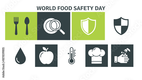 Graphic illustrating World Food Safety Day with cutlery inspection shield water apple thermometer chef hat and handwashing icons