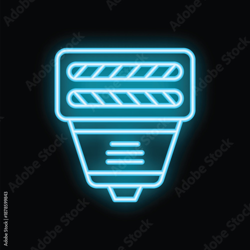 Blue neon icon of an electric shaver glowing on a dark background