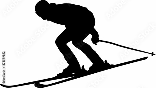 A skier in motion depicted in silhouette against a white background