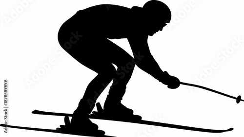A skier in motion as a black silhouette against a white background
