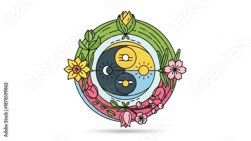 Yin Yang Earth Symbol with Flowers and Leaves Isolated on White