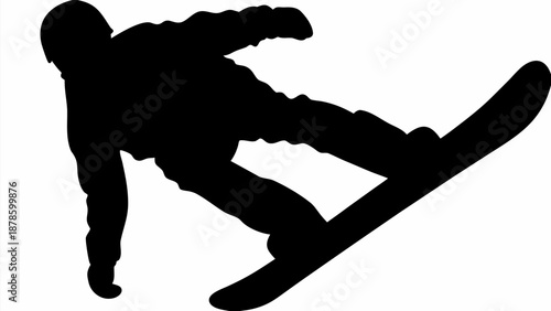 A silhouette of a snowboarder in mid-air, performing a trick against a white background silhouette