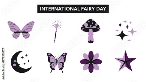 International Fairy Day graphic with purple and black icons butterflies wand mushroom stars moon and flower