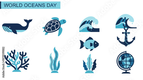 Illustration set featuring marine life waves anchor and globe for World Oceans Day