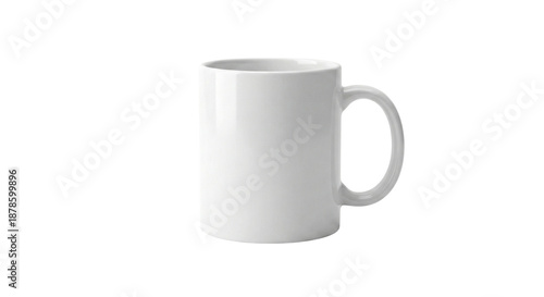 Isolated blank white ceramic coffee mug with a sturdy handle, ready for custom branding or a refreshing drink, presented on a minimalist backdrop, perfect for mockups and personalization