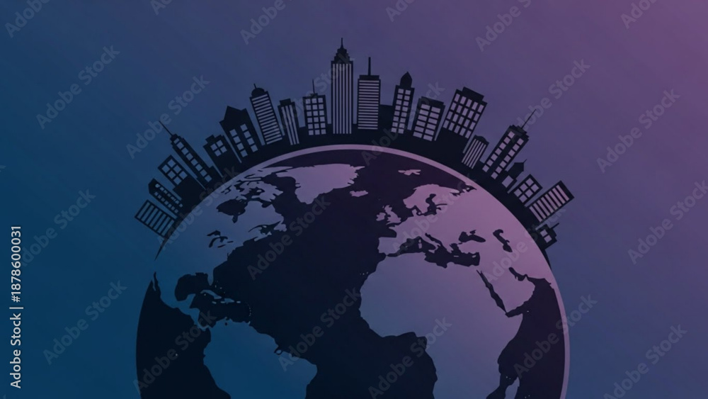 Fototapeta premium Global Cityscape Illustration with Skyscrapers on Earth against Gradient Background