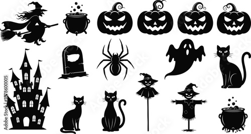 Big collection of black Halloween silhouettes featuring scary pumpkin faces, flying witch, haunted castle, cats, spider, ghost, scarecrow, and bubbling cauldron vectors.