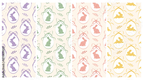 Festive seamless Easter patterns featuring bunny illustrations, decorated eggs and bows on soft beige background. Perfect for textiles, packaging, greeting cards, scrapbooking and spring backdrops.