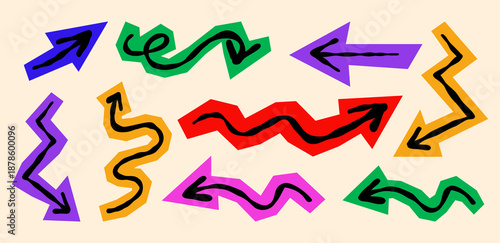 Colorful hand drawn arrows collection with wavy and zigzag shapes. Bright cartoon direction pointers. Trendy graphic elements for social media, posters, stickers and web design.