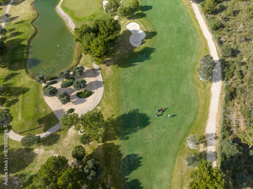 Aerial view, Spain, Balearic Islands, Mallorca, Capdepera, Cuevas de Arta and Platja de Canyamel with golf course, sand bunker, green, golfer