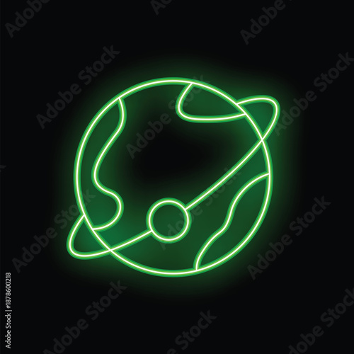 Bright green neon planet is orbiting around a star on a black background