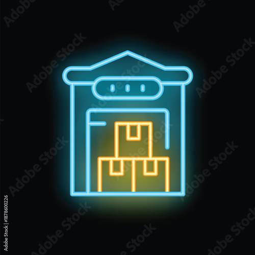 Glowing neon line icon of a warehouse storage building with boxes inside on a black background
