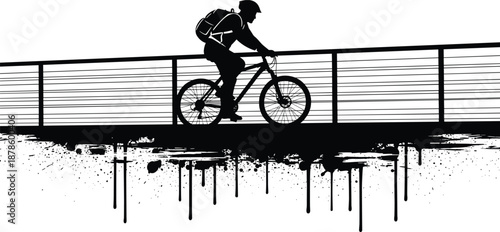 Black silhouette of mountain biker with backpack riding bicycle on bridge with railing, abstract grunge ink splash dripping paint style vector illustration on white background.