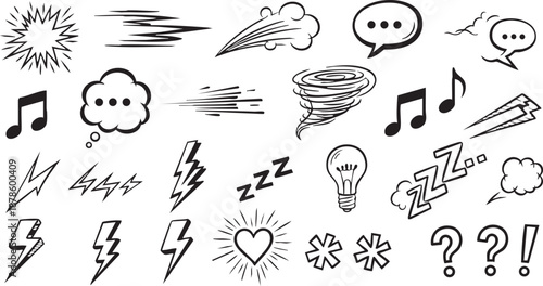 Hand drawn comic style graphic design elements set