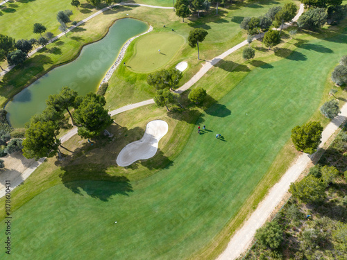 Aerial view, Spain, Balearic Islands, Mallorca, Capdepera, Cuevas de Arta and Platja de Canyamel with golf course, sand bunker, green, golfer