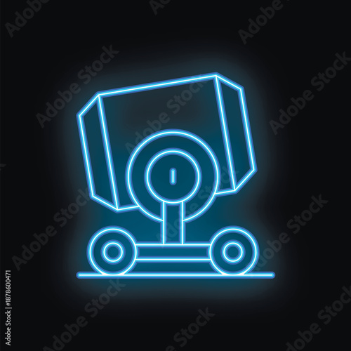 Blue neon icon of a concrete mixer truck glowing on a dark background