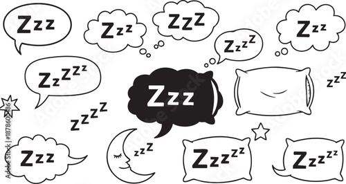 Sleepy time with zzz speech bubbles and pillows