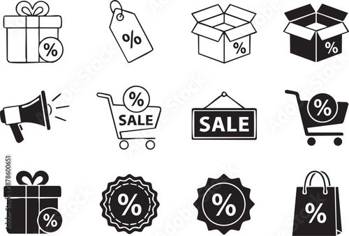 Black sale and discount icons for marketing and advertising