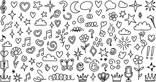 Doodle icons of hearts, stars, clouds, music notes, and flowers