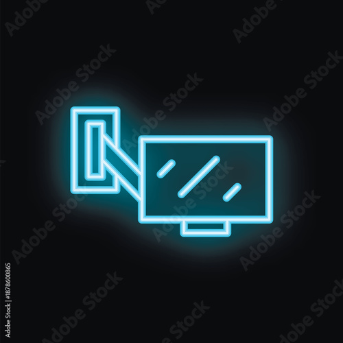 Neon tv screen hanging on the wall with a bracket in a blue glowing style